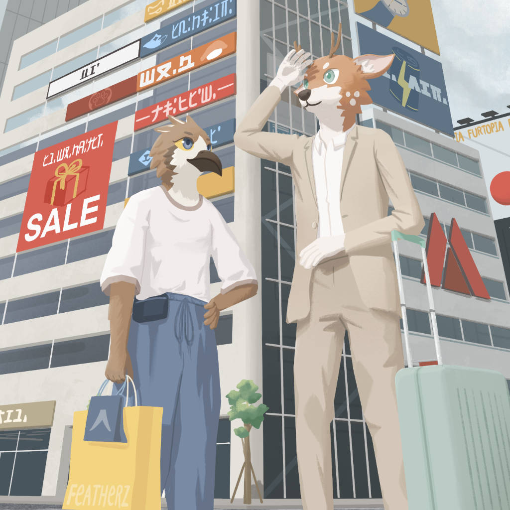 A falcon and deer together in a big city