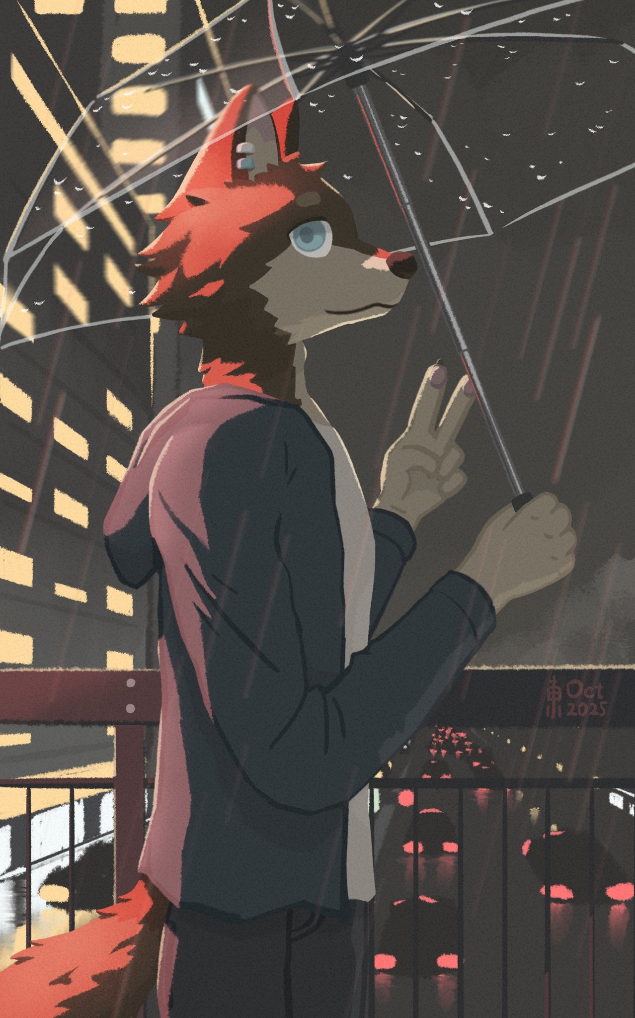 A wolf holding an umbrella on a footbridge in the rain