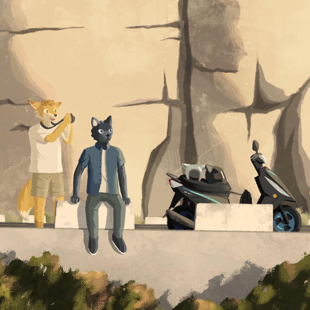 A fennec fox and a black cat go for a ride