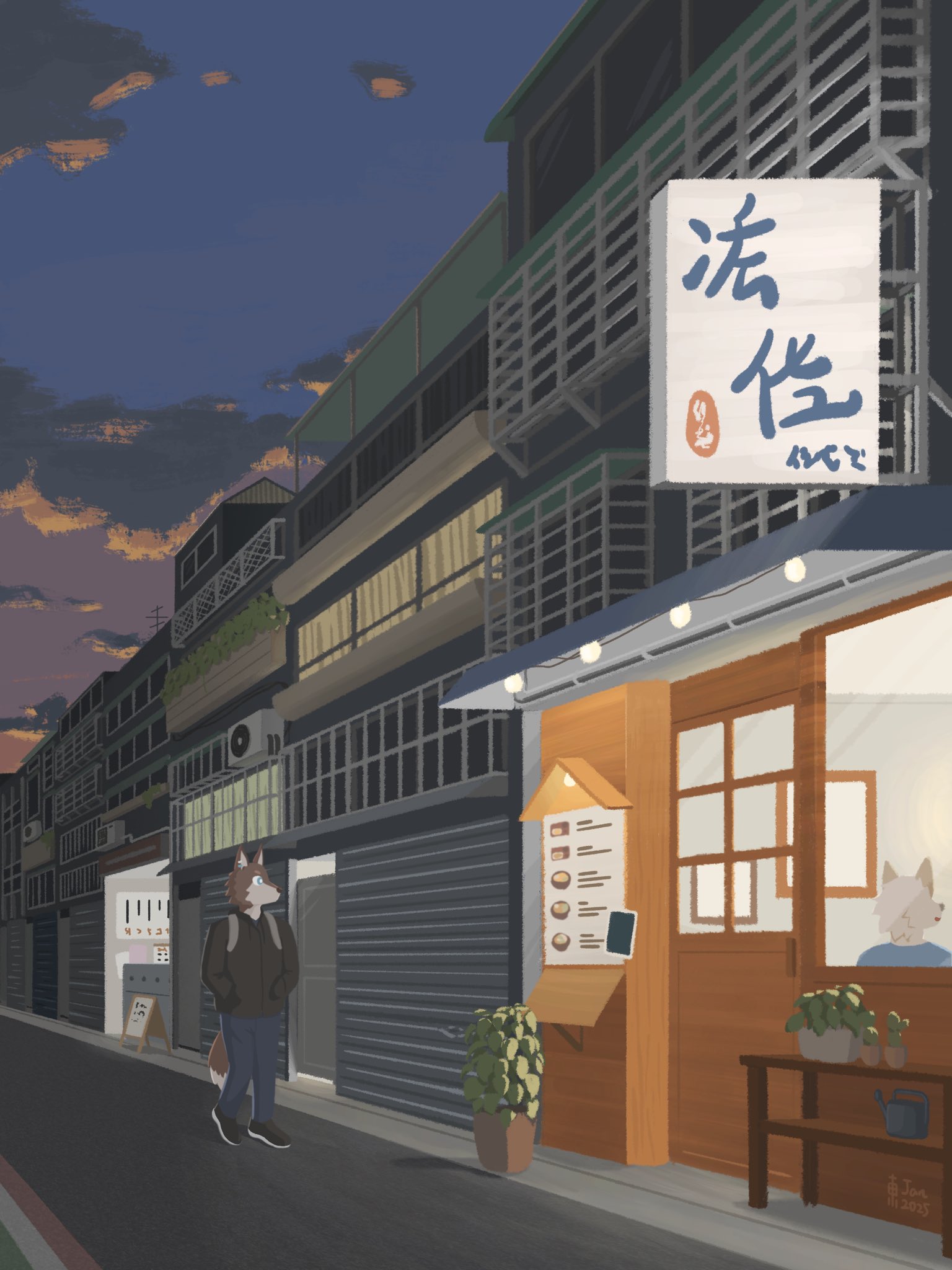 A wolf walking in an alley at dusk